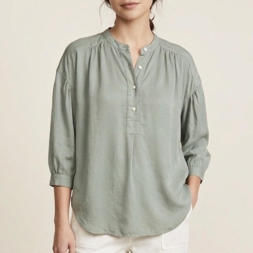 NSF Silk Blend Henley Blouse Women S 3/4 Sleeve Shirt Green Relaxed Fit USA Made